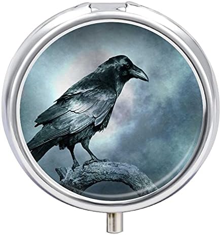Yuvarlak Hap Kutusu, Üç Bölmeli Hap durumda, Tıp Tablet Tutucu Organizatör Vaka, Closeup Karga Siyah Raven Mehtap Tünemiş Kuş