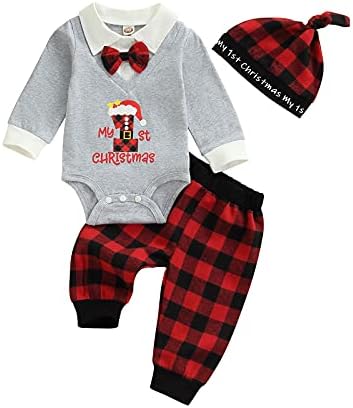 Benim 1st Noel Kıyafetler Bebek Yürüyor Erkek Bebek Uzun Kollu Romper Papyon Tulum Ekose Pantolon ile 3 Adet Giysi Set