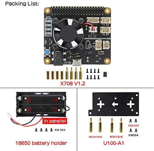 Geekworm Ahududu Pi UPS, X708 V1.2(Max 5.1 V 8A) UPS ŞAPKA ve Güç Yönetim Kurulu+X708-A1 8-Cell 18650 Pil Tutucu için Ahududu