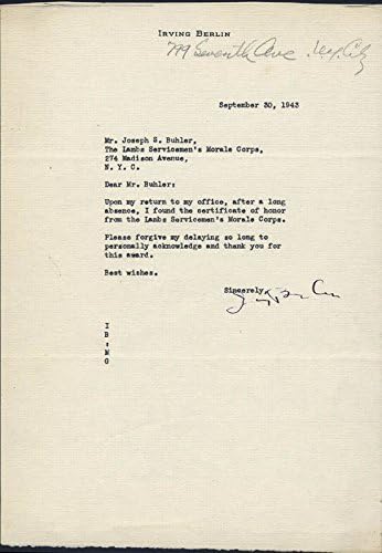 Irving Berlin-04/06/1970 Tarihli İmzalı Mektup