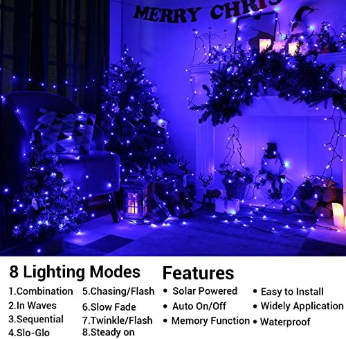 Mavi Noel ışıkları güneş açık dize ışıkları 72 ft 200 LED kapalı dize ışıkları, otomatik ON/Off su geçirmez güneş noel süslemeleri