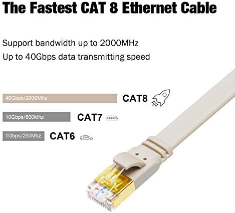 CAT 8 Ethernet Kablosu, 3ft 2 Paket Yüksek Hızlı 40Gbps 2000MHz Düz CAT8 Yama Kablosu, Morandi Rengi, Oyun için Altın Kaplamalı