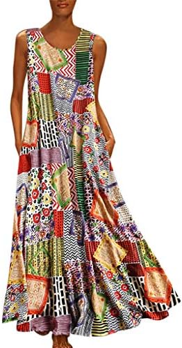 Kadınlar için yaz Elbiseler, Kadın Vintage Baskı Çiçek Yama Elbise Kolsuz O-Boyun Gevşek Maxi Elbise