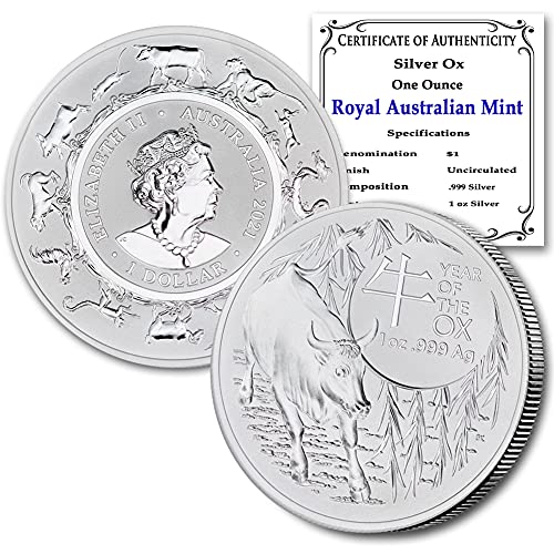2021 AU 1 oz Gümüş Kraliyet Avustralya Nane Ay Öküz Sikke Parlak CoinFolio tarafından Orijinallik Sertifikası ile Uncirculated