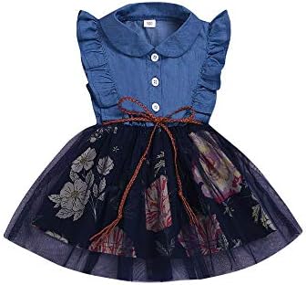 Toddler Bebek Kız Denim Çiçek Elbise Kolsuz Fırfır Örgü Prenses Elbiseler Yaz Giysileri Tek Parça Kıyafetler 6 M-4 T