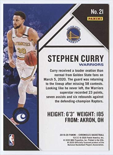 2019-20 Panini Chronicles 21 Stephen Curry Golden State Warriors NBA Basketbol Ticaret Kartı