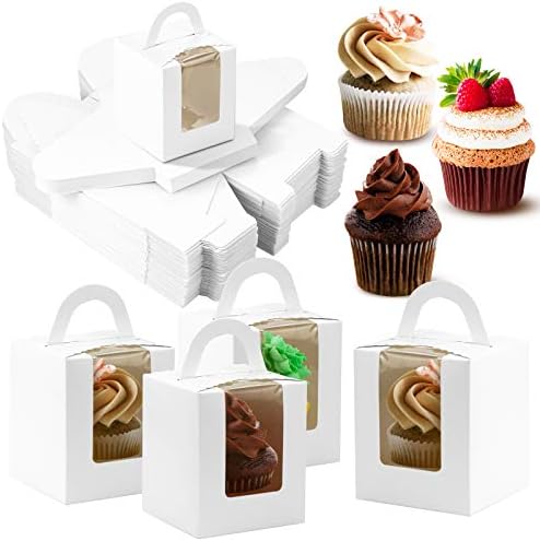 UPlama 60 PCS Beyaz Tek Cupcake Kutuları, Temizle Pencere Ekler Kolu Cupcake Kekler Cupcake Taşıyıcılar Pasta Kapları Ekmek Sarma