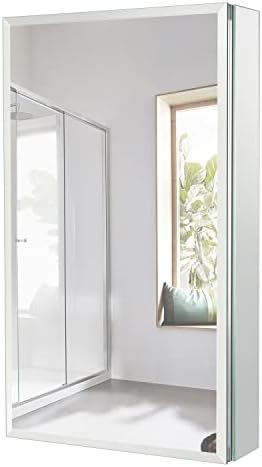 Aynalı MOVO Ecza Dolabı, Tek Kapılı 15 inç X 26 İnç Alüminyum Banyo Aynası Dolabı, Ayarlanabilir Cam Raflar, Girinti veya Yüzeye