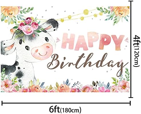 Crefelicid 6x4ft Çiçek İnek Mutlu Doğum Günü Partisi Zemin Pembe Çiçekler Çiftlik Hayvan Kız Kek Masa Dekorasyon Batı Cowgirl