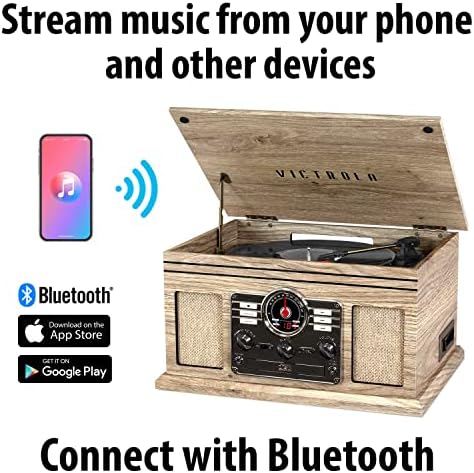 Dahili Hoparlörlü Victrola Nostaljik 6'sı 1 arada Bluetooth Plak Çalar ve Multimedya Merkezi-3 Vitesli Döner Tabla, CD ve Kaset