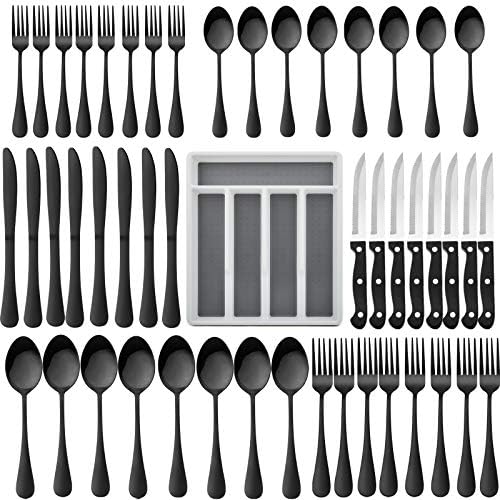 Sofra Takımı Çekmece Organizatörlü 49 Parçalı Siyah Gümüş Set, 8 Biftek Bıçaklı HaWare Paslanmaz Çelik Çatal Bıçak Takımı Seti,