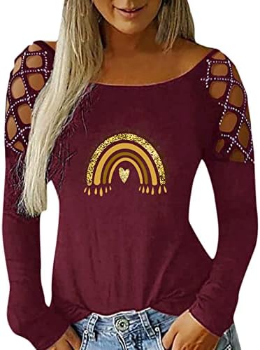 Uzun Kollu Soğuk Omuz Kadınlar için Tops Düz Crewneck Kesim Hollow Rhinestone Gökkuşağı Grafik sevgililer T Shirt Bluz