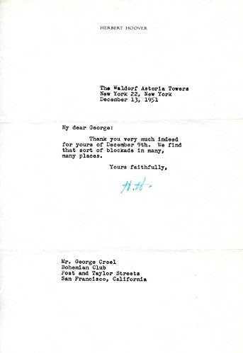 Başkan Herbert Hoover-12/13/1951 Tarihli İmzalı Mektup