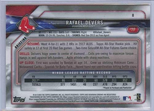 2018 Bowman Krom 8 Rafael Devers RC Çaylak Kartı Boston Red Sox Resmi MLB Beyzbol Ticaret Kartı Ham (NM veya Daha İyi) Durumda